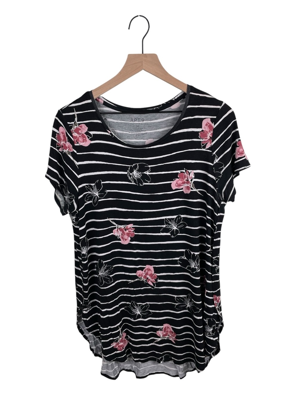 Apt. 9 Essentials Black White Striped Floral Print Tunic Tee Size Medium Rayon
